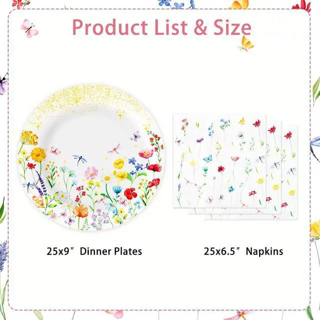 Alt view image 2 of 7 - 50 PCS Wildflower Spring Paper Plates and Napkins Set Serve 25