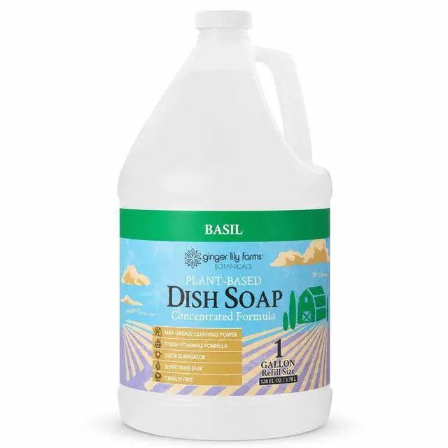 Main image of Farms Botanicals Plant-Based Liquid Dish Soap, Concentrated Formula with Max Grease Cleaning Power, Cruelty-Free, Basil Scent, 1 Gallon Refill (128 Fl. Oz.)