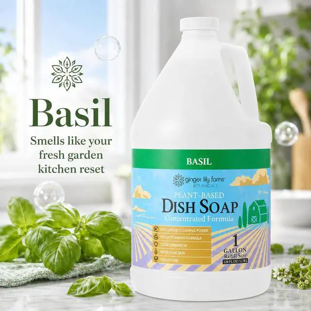 Alt view image 3 of 7 - Farms Botanicals Plant-Based Liquid Dish Soap, Concentrated Formula with Max Grease Cleaning Power, Cruelty-Free, Basil Scent, 1 Gallon Refill (128 Fl. Oz.)