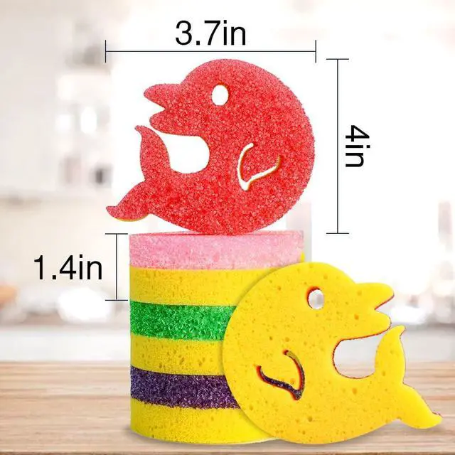 Alt view image 5 of 5 - 5 Pack Scrub Sponge, Dual-Sided Temperature Kitchen Sponge for Dishes Household Cleaning Non-Scratch Dolphin Shape Multipurpose Sponges for Kitchens, Bathrooms, and Outdoor Five Color