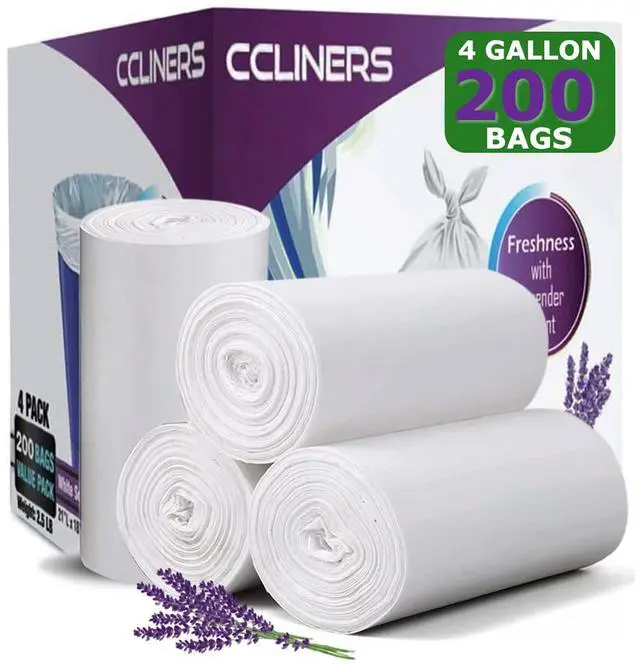 Main image of 4 gallon Small Trash Bags Lavender Scented (200 Count) White Bathroom Garbage Bags 15 Liter Diaper Bags Mini Wastebasket Can Liners for Home Office Bins (200 Bags)