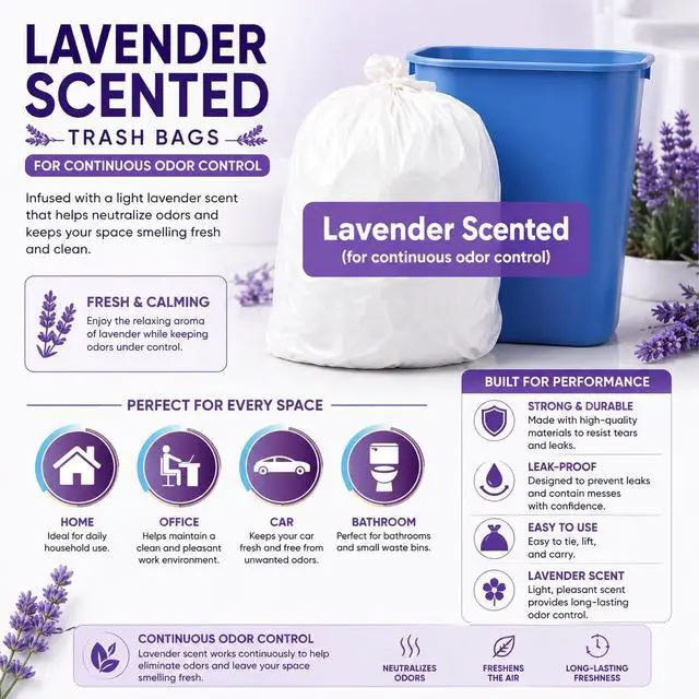 Alt view image 4 of 7 - 4 gallon Small Trash Bags Lavender Scented (200 Count) White Bathroom Garbage Bags 15 Liter Diaper Bags Mini Wastebasket Can Liners for Home Office Bins (200 Bags)