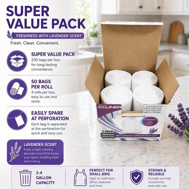 Alt view image 7 of 7 - 4 gallon Small Trash Bags Lavender Scented (200 Count) White Bathroom Garbage Bags 15 Liter Diaper Bags Mini Wastebasket Can Liners for Home Office Bins (200 Bags)