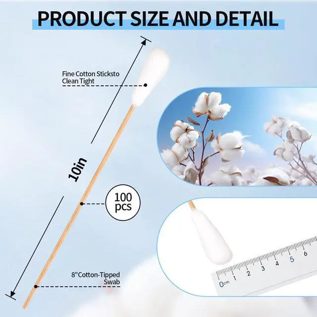 Alt view image 2 of 7 - Long Cotton Swabs 10 Inch, 100pcs Cotton Tipped Applicators with Large 1/2 Inch Diameter Swab for Cleaning - Non-sterile