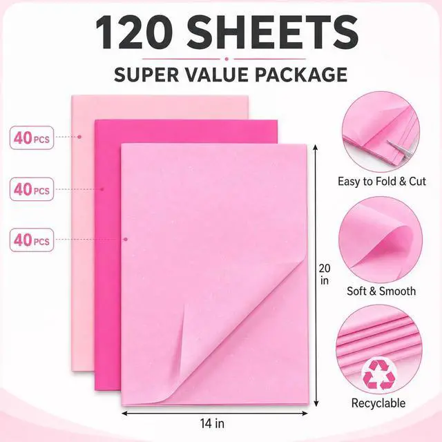 Alt view image 2 of 6 - 120 Sheets Pink Tissue Paper Set, 20 X 14 Inches, 3 Assorted Shades