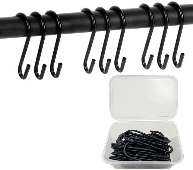 Main image of S Hooks for Hanging 2.5in 32PCS, Black Hanging Hooks, Hanging Pot Hooks, Metal Hooks, Hooks for Hanging Plants, S Shaped Hooks for Kitchenware Pots Utensils Clothes Bags Towels Plants