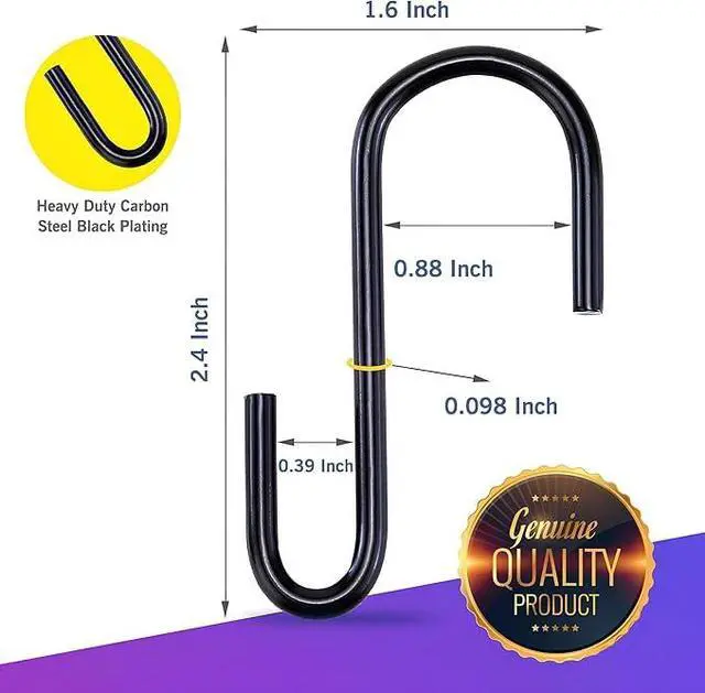 Alt view image 3 of 7 - 10-Pack Black S Hooks for Hanging 2.4 Inch, Small S Hooks Alloy Steel Hangers for Jeans, Kitchen Pots & Plant Hanging, Lightweight 0.88 Inch Opening Holder for Wire Shelving, Towels & Purses