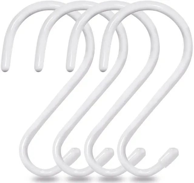 Main image of 4 Pack Large S Hooks for Hanging Heavy Duty, 6 inch Non Slip Vinyl Coated Metal Closet S Hooks for Hanging Kitchen Utensil Pot Pan Cups Clothes Jeans Towels Hats Bags Plants (White)