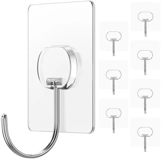Main image of Adhesive Wall Hooks No Drill Large Clear Heavy Duty,13LB Sticky 8 Pack