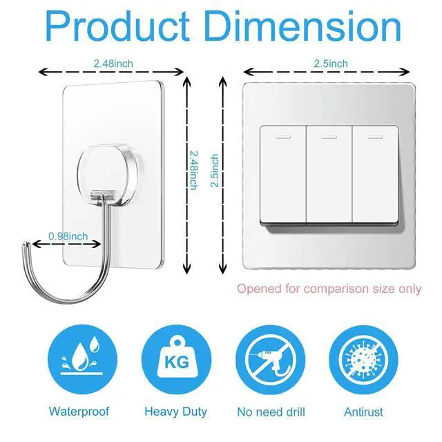 Alt view image 2 of 7 - Adhesive Wall Hooks No Drill Large Clear Heavy Duty,13LB Sticky 8 Pack