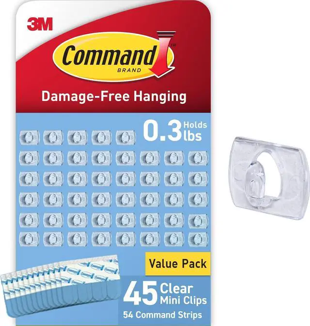 Main image of Clear Indoor Mini Light Clips Value Pack, 45 Clips, 54 Strips, Damage-Free String Light Hangers for Home, Room, Wall, Office, and Dorm Decor, Great for Cable Management, Holds up to 0.3 lb