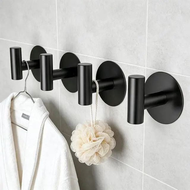 Alt view image 6 of 7 - Self-Adhesive Coat Hooks, Stainless Steel Heavy Duty Wall Hooks, Towel Hooks for Hanging Robes, Aprons, Coats and Hats in Bathrooms,Kitchens and Hotels(2 Pack, Black)