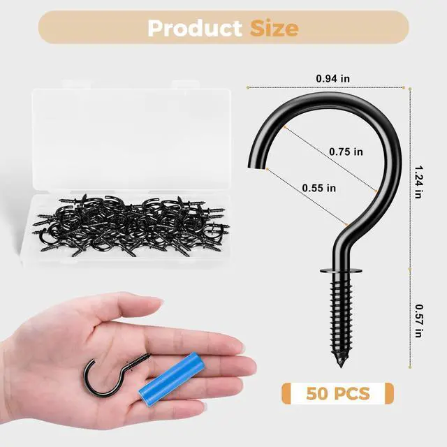 Alt view image 6 of 7 - Screw Hooks, 1-1/4 Inch Metal Screw in Cup Hooks, Black, 50 Pcs
