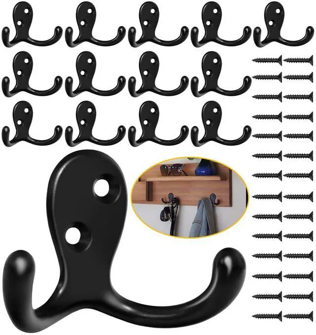 Main image of 14 Pack Coat Hooks, Heavy Duty Double Prong Coat Hooks Wall Mounted with 28 Screws, No Rust Black Metal Wall Hooks for Hanging Towel, Coat, Bag, Hat, Cup, Key