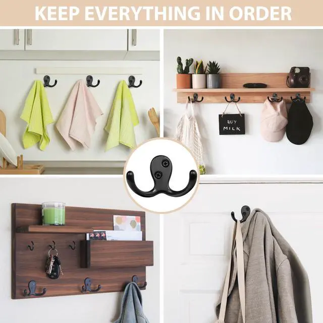 Alt view image 2 of 7 - 14 Pack Coat Hooks, Heavy Duty Double Prong Coat Hooks Wall Mounted with 28 Screws, No Rust Black Metal Wall Hooks for Hanging Towel, Coat, Bag, Hat, Cup, Key