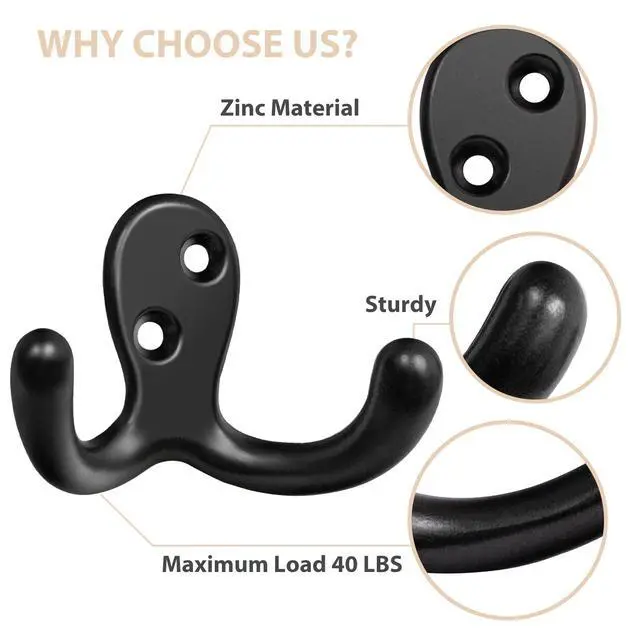 Alt view image 4 of 7 - 14 Pack Coat Hooks, Heavy Duty Double Prong Coat Hooks Wall Mounted with 28 Screws, No Rust Black Metal Wall Hooks for Hanging Towel, Coat, Bag, Hat, Cup, Key