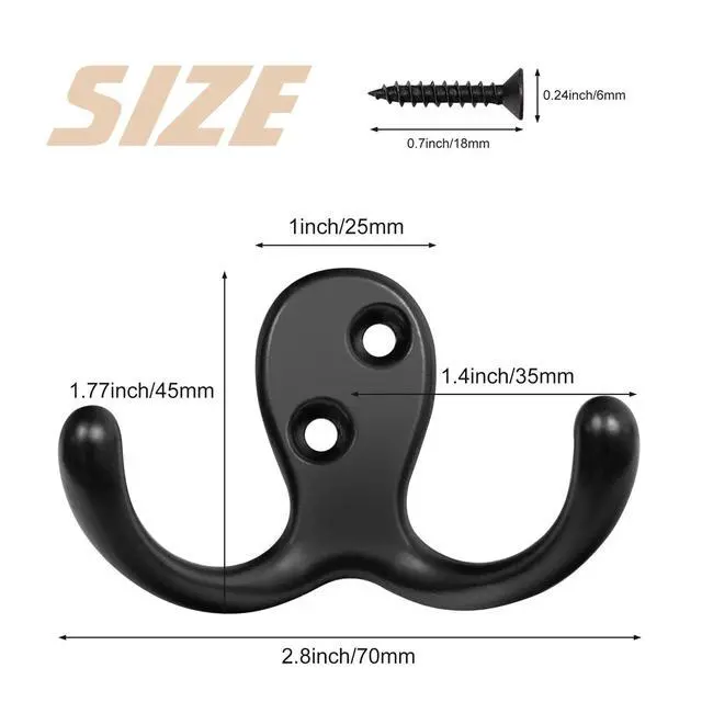 Alt view image 5 of 7 - 14 Pack Coat Hooks, Heavy Duty Double Prong Coat Hooks Wall Mounted with 28 Screws, No Rust Black Metal Wall Hooks for Hanging Towel, Coat, Bag, Hat, Cup, Key
