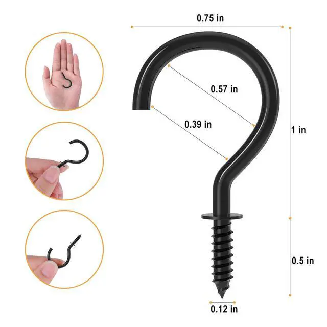 Alt view image 3 of 7 - Screw Hooks, 1 Inch Metal Screw in Cup Hooks, Black, 100 Pcs