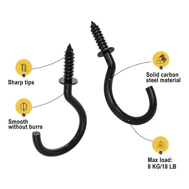 Alt view image 4 of 7 - Screw Hooks, 1 Inch Metal Screw in Cup Hooks, Black, 100 Pcs