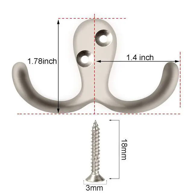 Alt view image 2 of 7 - 8 Pack Silvery Double Prong Coat Hooks Wall Mounted with 16 Screws
