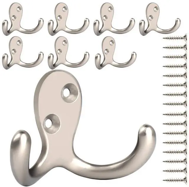 Main image of 8 Pack Silvery Double Prong Coat Hooks Wall Mounted with 16 Screws