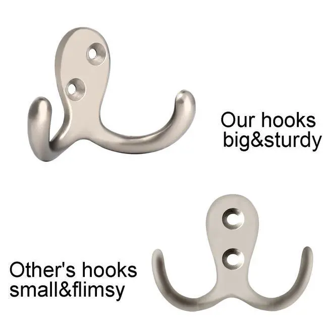 Alt view image 3 of 7 - 8 Pack Silvery Double Prong Coat Hooks Wall Mounted with 16 Screws