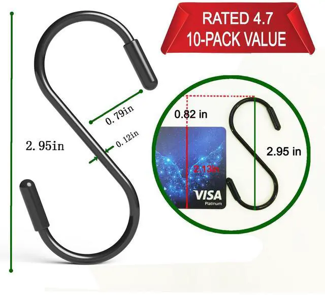Alt view image 2 of 7 - Heavy Duty Metal S-Hooks for Hanging, 3 Inch 10 Pack Vinyl Coated S Hooks for Hanging Plants, Kitchen Utensils, Bags, Jeans, Pots (Black)