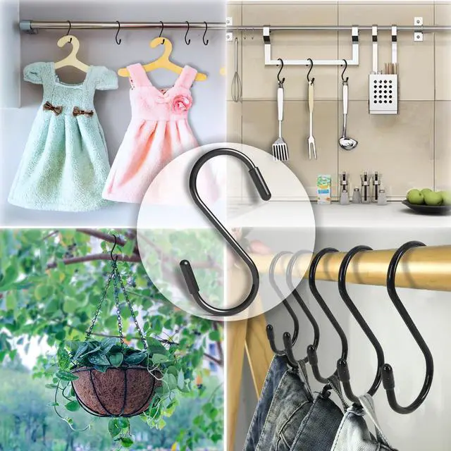 Alt view image 6 of 7 - Heavy Duty Metal S-Hooks for Hanging, 3 Inch 10 Pack Vinyl Coated S Hooks for Hanging Plants, Kitchen Utensils, Bags, Jeans, Pots (Black)
