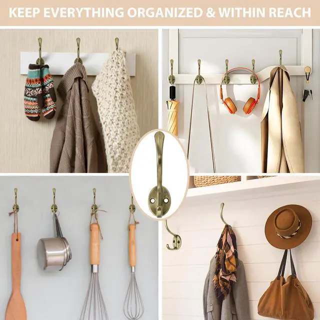 Alt view image 2 of 7 - 14 Pack Coat Hooks Wall Mounted with 28 Screws, Heavy Duty Antique Brass Towel Hooks Metal Double Hooks, No Rust Retro Rustic Wall Hooks for Hanging Towel, Coat, Scarf, Bag, Hat, Cup, Key