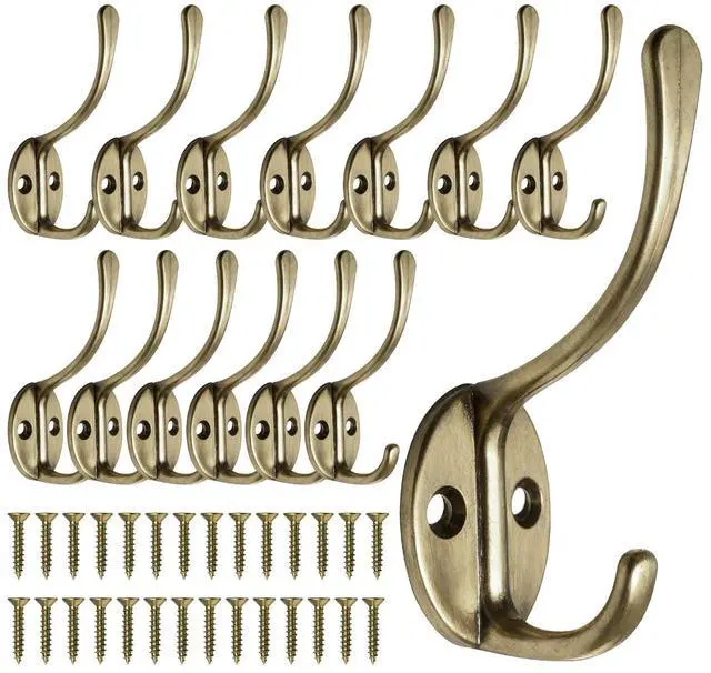 Main image of 14 Pack Coat Hooks Wall Mounted with 28 Screws, Heavy Duty Antique Brass Towel Hooks Metal Double Hooks, No Rust Retro Rustic Wall Hooks for Hanging Towel, Coat, Scarf, Bag, Hat, Cup, Key