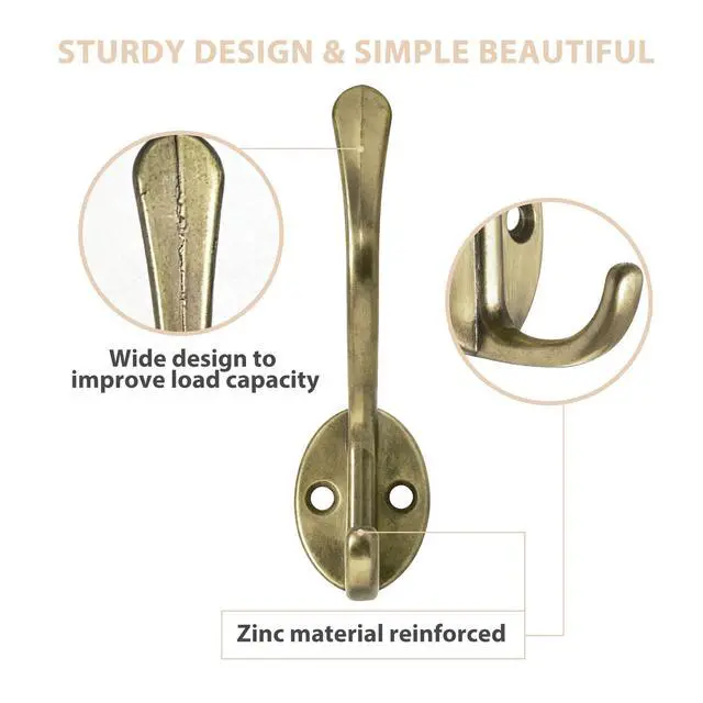 Alt view image 3 of 7 - 14 Pack Coat Hooks Wall Mounted with 28 Screws, Heavy Duty Antique Brass Towel Hooks Metal Double Hooks, No Rust Retro Rustic Wall Hooks for Hanging Towel, Coat, Scarf, Bag, Hat, Cup, Key