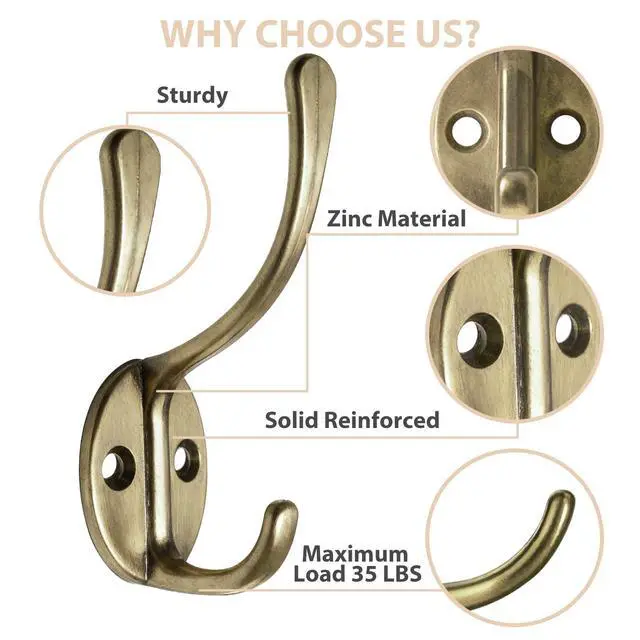Alt view image 4 of 7 - 14 Pack Coat Hooks Wall Mounted with 28 Screws, Heavy Duty Antique Brass Towel Hooks Metal Double Hooks, No Rust Retro Rustic Wall Hooks for Hanging Towel, Coat, Scarf, Bag, Hat, Cup, Key