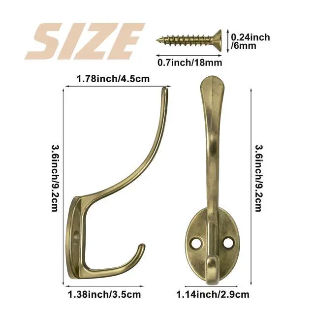 Alt view image 5 of 7 - 14 Pack Coat Hooks Wall Mounted with 28 Screws, Heavy Duty Antique Brass Towel Hooks Metal Double Hooks, No Rust Retro Rustic Wall Hooks for Hanging Towel, Coat, Scarf, Bag, Hat, Cup, Key