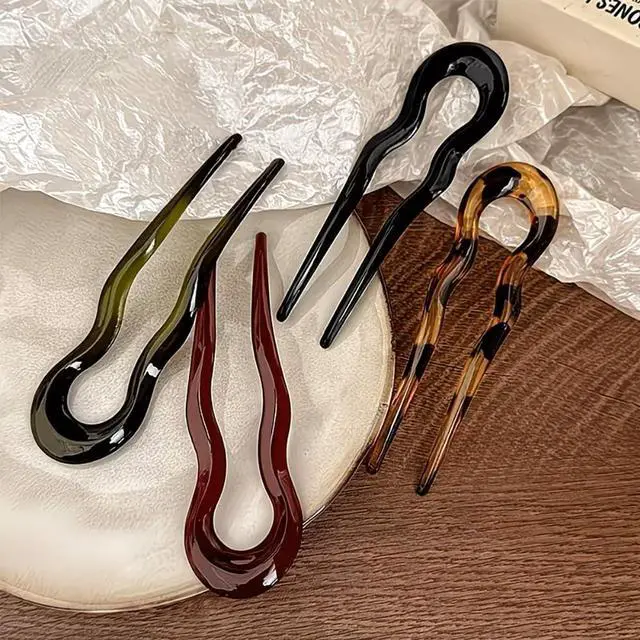 Main image of French Hair Pin Acrylic U-Shaped Hairpin Chignon Pin U Shape Hair Sticks Red Green Black U-Shaped Hair Fork for Bun Hair Styling for Women Hair Accessories Daily Commute Use 4PCS