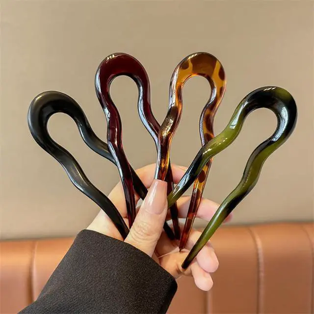 Alt view image 3 of 7 - French Hair Pin Acrylic U-Shaped Hairpin Chignon Pin U Shape Hair Sticks Red Green Black U-Shaped Hair Fork for Bun Hair Styling for Women Hair Accessories Daily Commute Use 4PCS