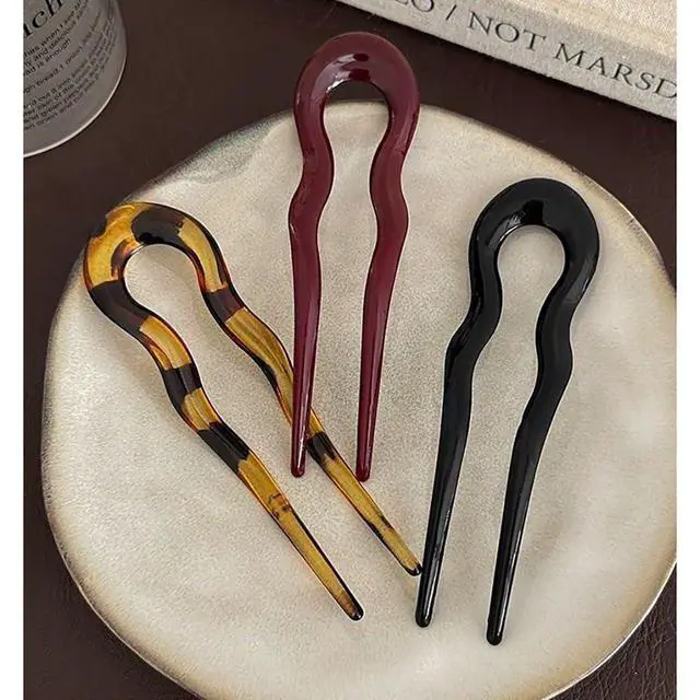 Alt view image 6 of 7 - French Hair Pin Acrylic U-Shaped Hairpin Chignon Pin U Shape Hair Sticks Red Green Black U-Shaped Hair Fork for Bun Hair Styling for Women Hair Accessories Daily Commute Use 4PCS