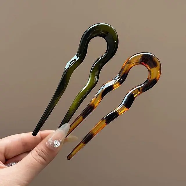 Alt view image 7 of 7 - French Hair Pin Acrylic U-Shaped Hairpin Chignon Pin U Shape Hair Sticks Red Green Black U-Shaped Hair Fork for Bun Hair Styling for Women Hair Accessories Daily Commute Use 4PCS