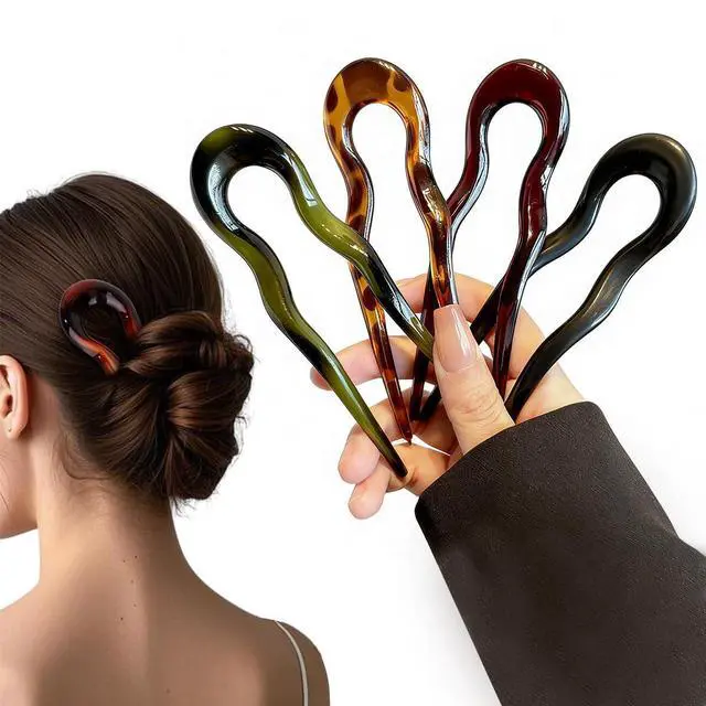 Main image of 4Pcs French Large Hair Pins for Women - U Shaped Large Hairpins for Updos Bun - Hair Forks Accessories for Wedding Prom Fitness - Green | Black | Brown | Leopard Print Pin