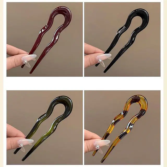 Alt view image 5 of 7 - 4Pcs French Large Hair Pins for Women - U Shaped Large Hairpins for Updos Bun - Hair Forks Accessories for Wedding Prom Fitness - Green | Black | Brown | Leopard Print Pin