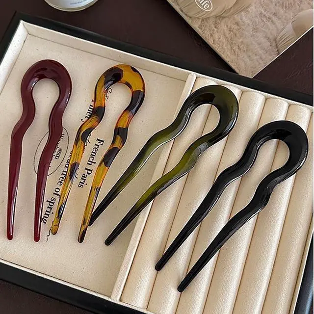 Alt view image 3 of 7 - 4Pcs French Large Hair Pins for Women - U Shaped Large Hairpins for Updos Bun - Hair Forks Accessories for Wedding Prom Fitness - Green | Black | Brown | Leopard Print Pin