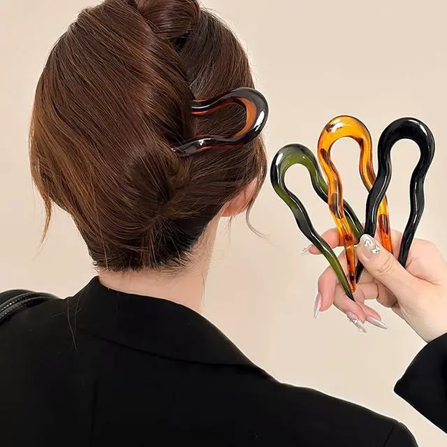 Alt view image 4 of 7 - 4Pcs French Large Hair Pins for Women - U Shaped Large Hairpins for Updos Bun - Hair Forks Accessories for Wedding Prom Fitness - Green | Black | Brown | Leopard Print Pin