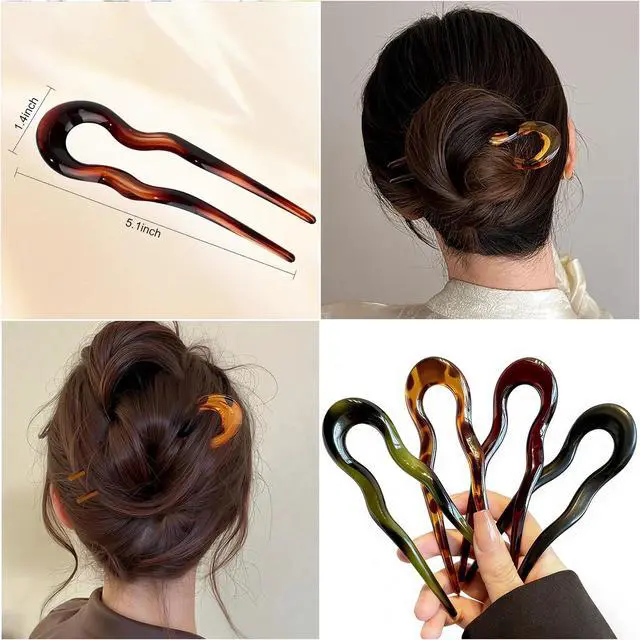 Alt view image 2 of 7 - 4Pcs French Large Hair Pins for Women - U Shaped Large Hairpins for Updos Bun - Hair Forks Accessories for Wedding Prom Fitness - Green | Black | Brown | Leopard Print Pin