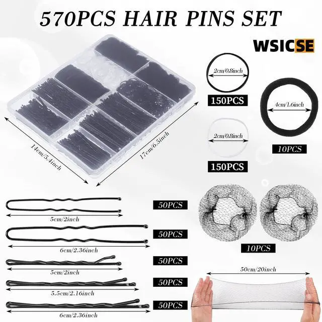 Alt view image 2 of 7 - 570Pcs Black Bobby Pins for Women, 2 & 2.4In Hair Pins Kit with Hair Nets