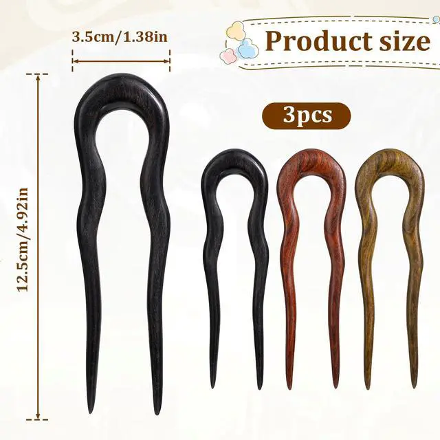 Alt view image 2 of 7 - 3 Pack Wooden Hair Sticks for Women, U Shaped Hair Fork, French U Shaped Hairpin with Two Prongs Hair Clips, U Shape Hair Forks for Long Hair, Frosted French Hair Pin, Vintage Matte Hair Pins