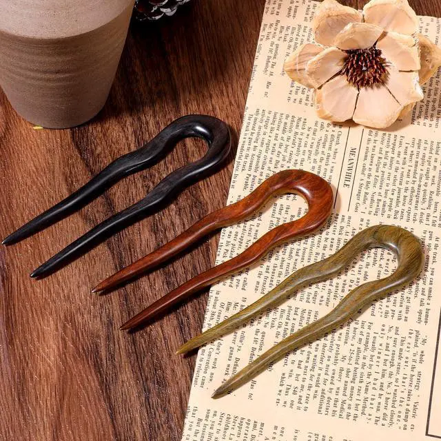 Alt view image 6 of 7 - 3 Pack Wooden Hair Sticks for Women, U Shaped Hair Fork, French U Shaped Hairpin with Two Prongs Hair Clips, U Shape Hair Forks for Long Hair, Frosted French Hair Pin, Vintage Matte Hair Pins