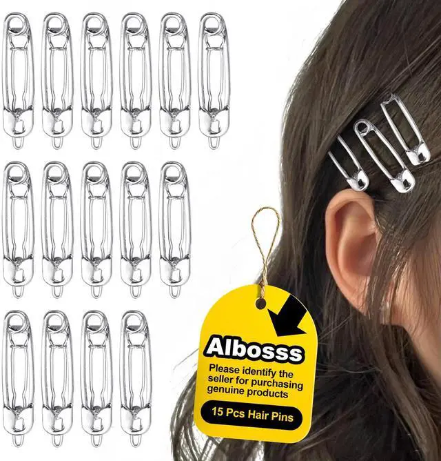 Main image of 15 Pcs Hair Pins Hair Clips Alloy Safety Pin Shape Hairpin Barrettes Goth Hair Pins Set Hairdressing Tool Hair Accessories (Silver)