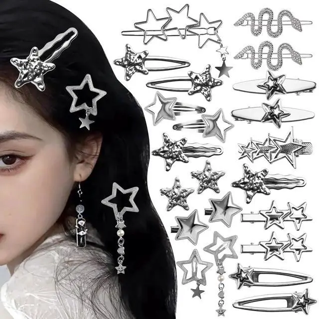 Main image of 22 Pcs Silver Hair Clips Metal Star Barrettes, 13 Shapes Hairpin Barrettes, Goth Hair Pins Set, Punk 2000s Hair Accessories for Women and Girls Styling Star Hairpin (22 PCS)