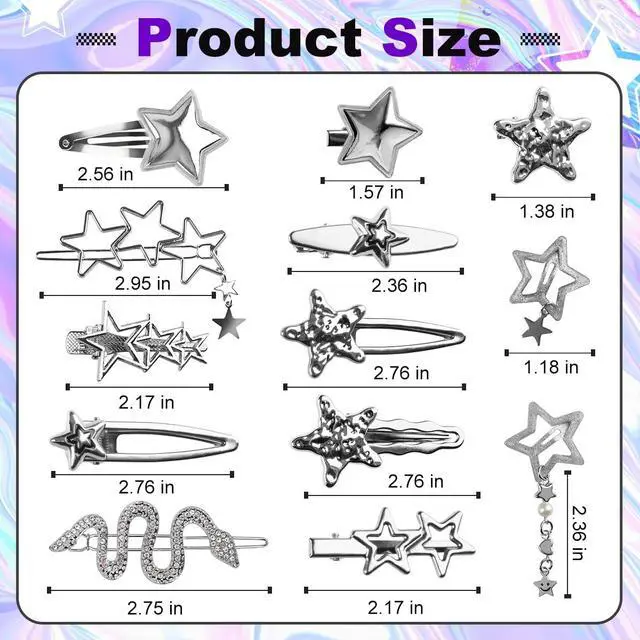 Alt view image 2 of 7 - 22 Pcs Silver Hair Clips Metal Star Barrettes, 13 Shapes Hairpin Barrettes, Goth Hair Pins Set, Punk 2000s Hair Accessories for Women and Girls Styling Star Hairpin (22 PCS)