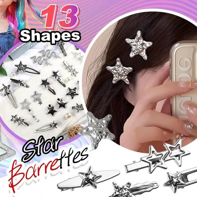 Alt view image 3 of 7 - 22 Pcs Silver Hair Clips Metal Star Barrettes, 13 Shapes Hairpin Barrettes, Goth Hair Pins Set, Punk 2000s Hair Accessories for Women and Girls Styling Star Hairpin (22 PCS)