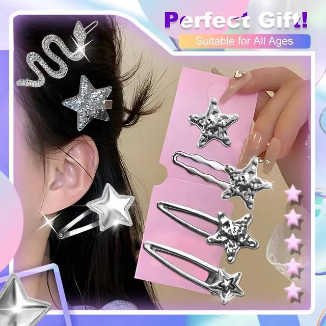 Alt view image 6 of 7 - 22 Pcs Silver Hair Clips Metal Star Barrettes, 13 Shapes Hairpin Barrettes, Goth Hair Pins Set, Punk 2000s Hair Accessories for Women and Girls Styling Star Hairpin (22 PCS)